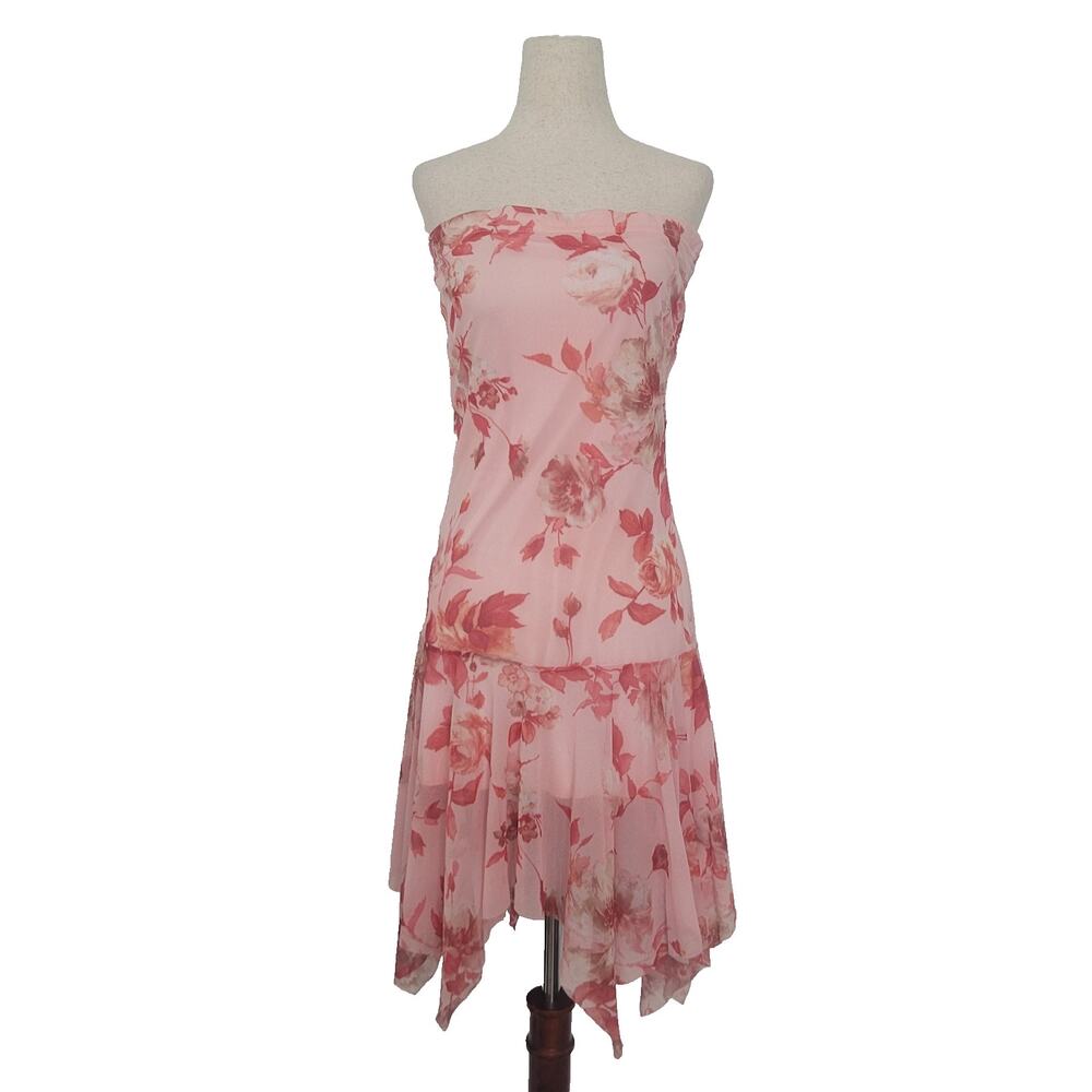 Vintage Y2K Strapless Mesh Floral Dress Size L Pink Asymmetrical Hem Fairy